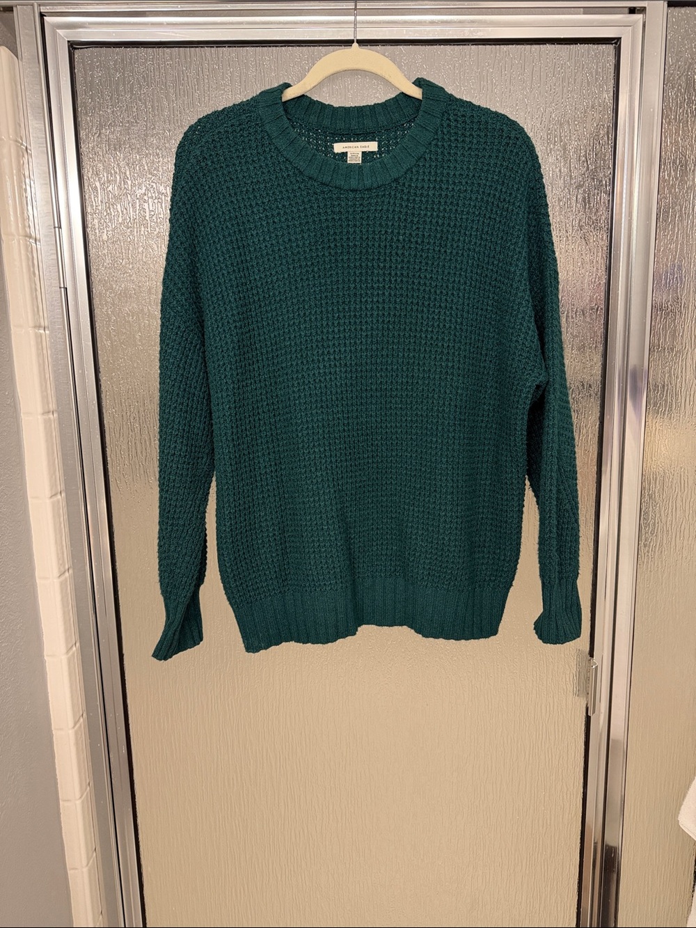American Eagle Green Oversided Crewneck Waffle Knit Sweater